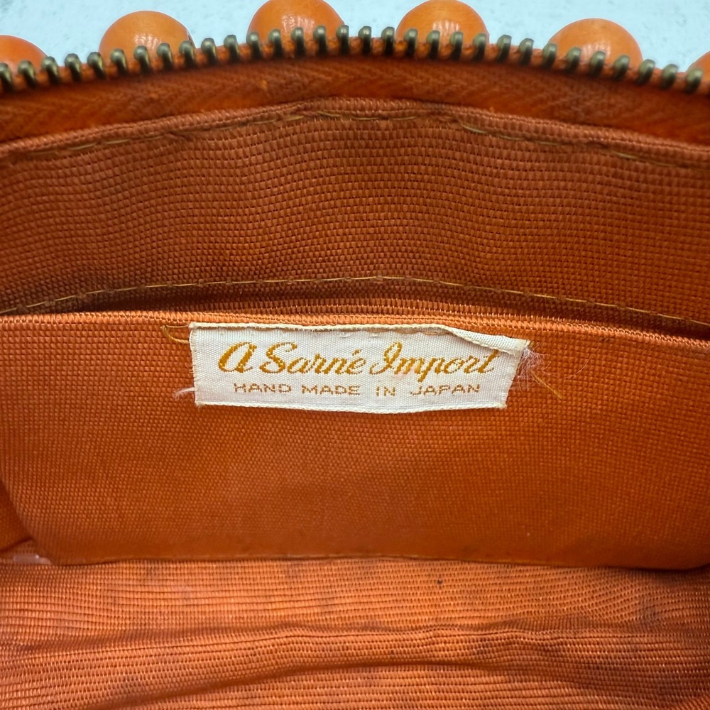 VTG 60s A Sarne Import Japan Made Wood Bead Shoulder Bag Atomic Orange Retro - Picture 7 of 10